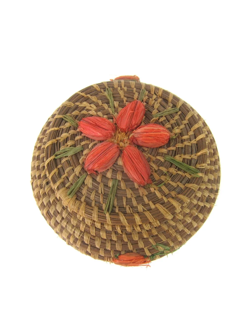 Coushatta Pine Needle Basket Applied Flowers Lidded Native American Vintage RARE